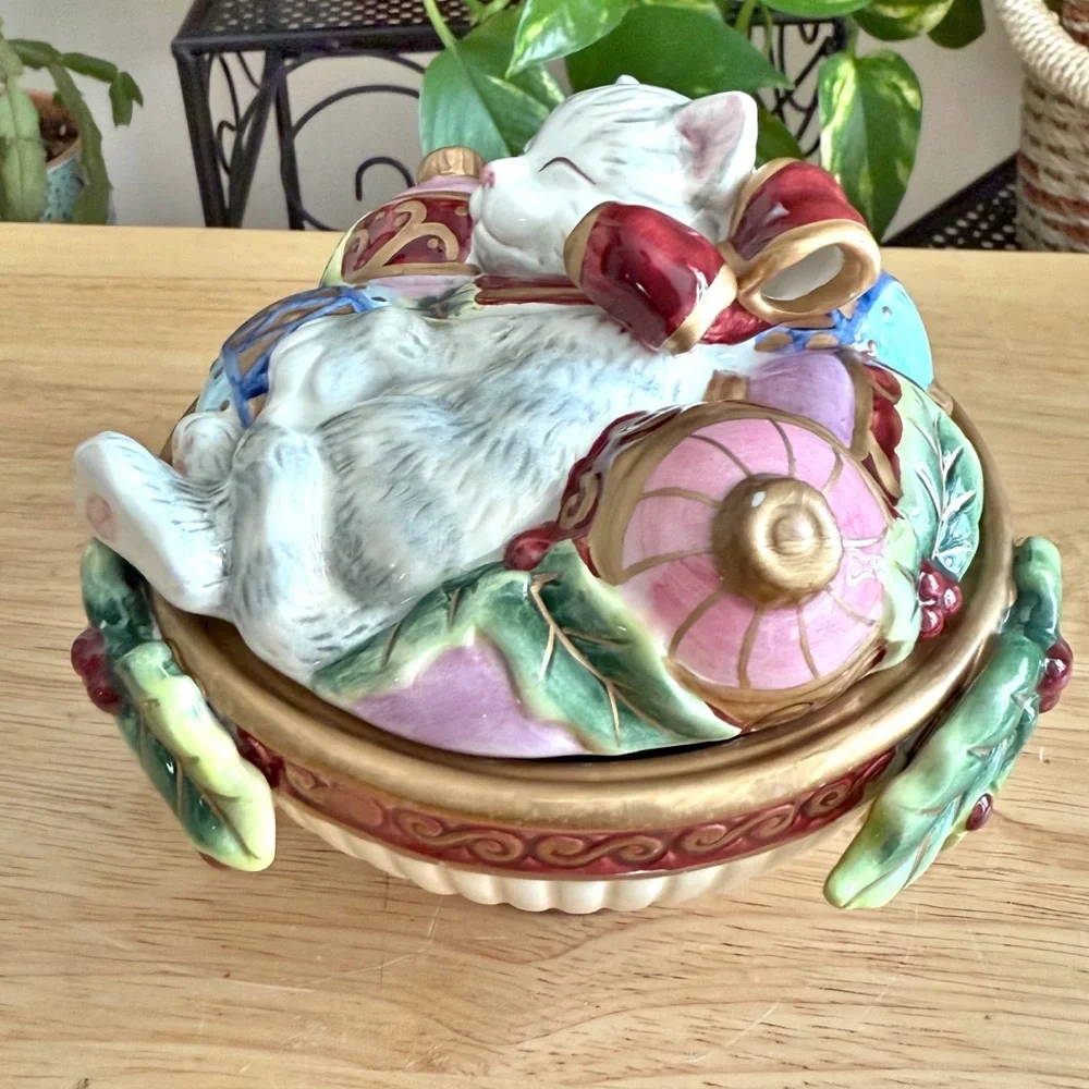 Fitz and Floyd Kristmas Kitty Lidded Box Candy Dish Trinket Jar Holiday Decor